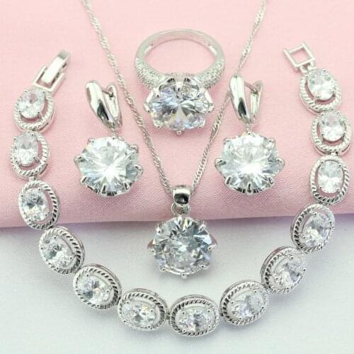 Fashion and Cute White Stone Silver Color Jewelry Sets For Women Earrings Bracelet Pendant Necklace Ring Free Gift Box