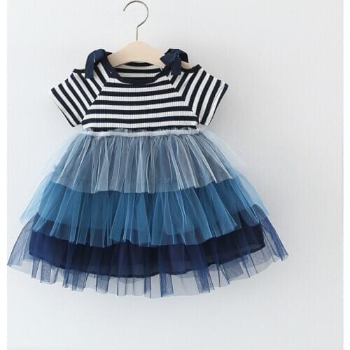 Baby Girl Dress Fashion Korean Striped Short Sleeve Mesh Pompon Princess Dress Kids Dresses For Girl 2020 Summer Toddler Clothes
