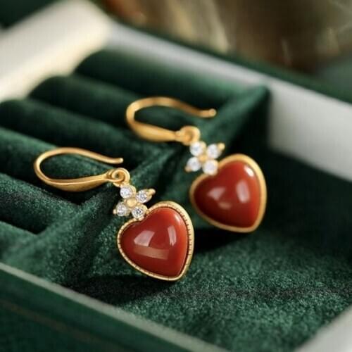 Silver inlaid natural South Red chalcedony heart shaped earrings Chinese style retro romantic craft gold womens brand jewelry