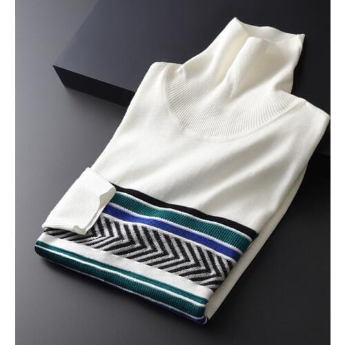 Wool Men Luxury Contrast Color Stripe Turtleneck Mens Sweaters Autumn Winter Jacquard Sweater Male Plus Size 4XL