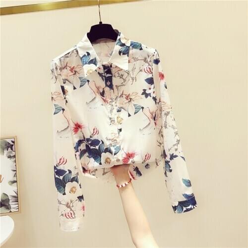 Long Sleeve Chiffon floral shirt womens tops loose blouse Printed blouses spring Autumn Korean fashion flower Shirt plus size
