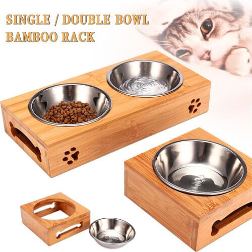Pet Feeding Bowl Dog Bowl Double Bowl Stainless Steel Bamboo Rack Food Water Bowl Pet Cat Food Water Feeding Pet Supplies
