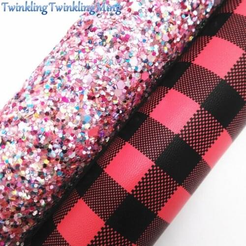 PINK Glitter Fabric, Plaids Tartan Faux Leather Fabric, Synthetic Leather Sheets For Bows A4 8"x11" Twinkling Ming XM201
