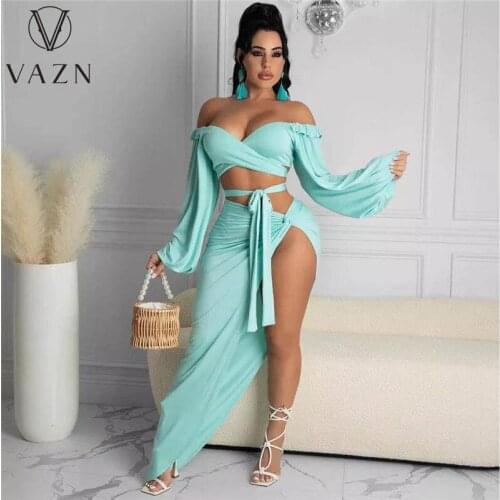 VAZN 2021 Top Quality Holiday Chiffon Fresh Green Sweet Full Sleeve Strapless High Waist Long Skirts Skinny Women 2 Piece Set