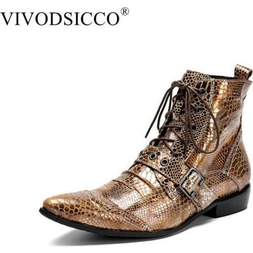 VIVODSICCO New Punk Genuine Leather Men Ankle Boots Pointed Toe Lace Up Mens Military Cowboy Boots High Top Strap Cool Men Shoes