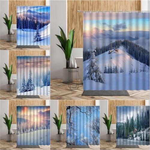 Snow Landscape Shower Curtains Winter Green Pine Trees Natural Scenery Bathroom Bath Decoration Home Decor Living Room Curtains