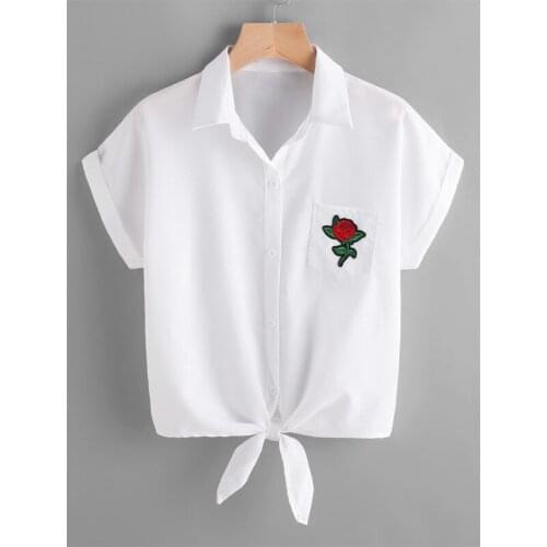 Embroidery Rose Woman Blouse White Summer Woman Shirt Short Sleeve Woman Tops