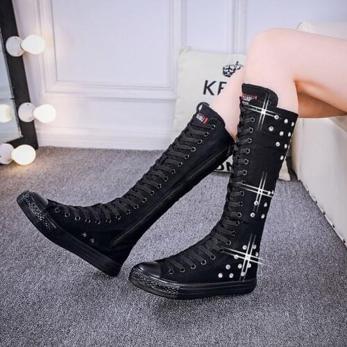 2020 New Spring autumn Women Shoes Canvas Casual High Top Shoes Long Boots Lace-Up Zipper Comfortable Flat boots sneakers