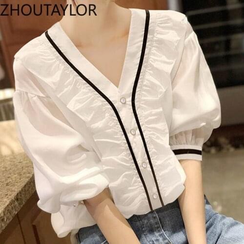 ZHOUTAYLOR Women Shirts Office Lady V-Neck Full Puff Sleeve Blouses Femme Single Breasted Straight Autumn Tops Female S0696