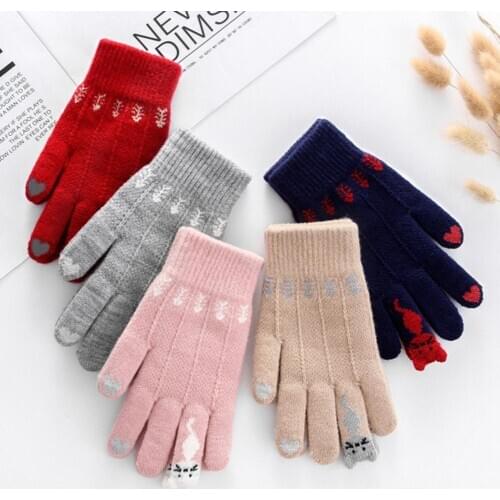 Winter Women Cute Cartoon Cats Touch Screen Gloves Full Finger Knitted Mittens