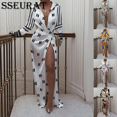 SSEURAT Sexy Hem Split Maxi Dresses Womens Print Streetwear Bandage Turn-down Collar Dresses Long Sleeve Hollow Out Long Dress