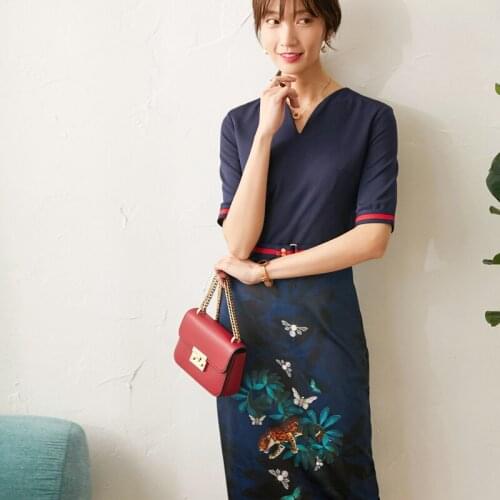 Show New cultivate morality thin print dress with short sleeves package hip spring and summer of 2021