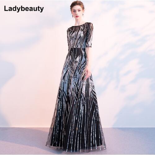 Ladybeauty 2019 Evening Dress with Sequins A Line Half Sleeves Formal Dress Evening Party Gown Occasion Dresses Robe De Soiree