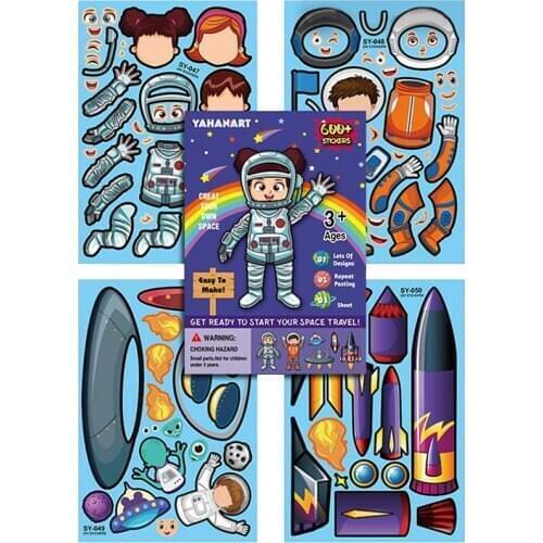 4 Sheets DIY Space Puzzle Stickers Kids Games Make-a-Face Rocket Girls Boys Assemble Toys For Children Girls Montessori Jigsaw