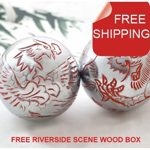 Free shipping.Hand-carved baoding iron balls,50mm chrome musical.Gorgeous chinese red on dragon&phoenix.Riverside scene woodbox