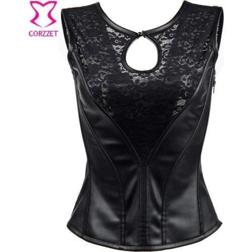 Black See Through Floral Lace & Leather Sexy Lingerie Corset Top Gothic Clothes Steampunk Clothing Women Corpetes Espartilhos