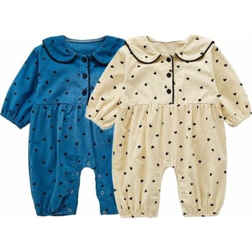 Infant Baby Long Sleeve Rompers Autumn Baby Girl Clothing Baby Girl Doll Collar Heart Print Rompers Newborn Rompers Clothes