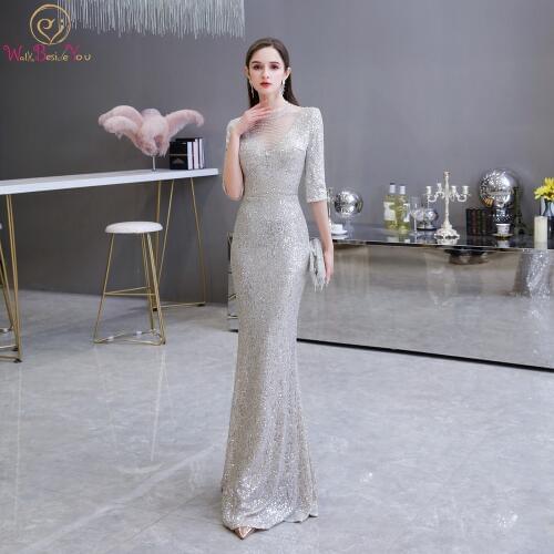 Elegant Long Party Dresses Silver Sequin Mermaid Evening Gowns Half Sleeve Beading High Neck Walk Beside You Sparkly Formal Prom