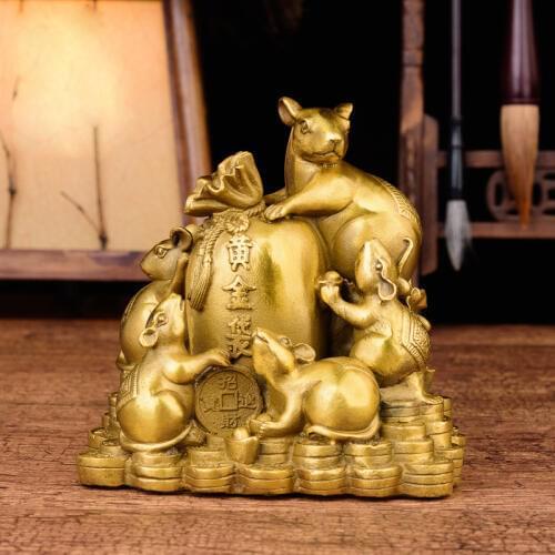 Chinese Fengshui Handmade Brass Mouse Rats With Gold bag Statue Wealth Figurine Home Decor Collectible Figurine Gift