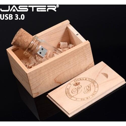JASTER USB 3.0 flash drive Free custom logo Glass bottle wood box thumb drive External Storage 128GB pen drive 8GB free shipping