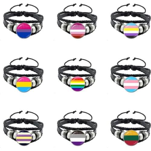 LGBT Leather Bracelet Bi Pride Glass Cabochon Dome Gay Pride Rainbow Flag Photo Bangle Jewelry For Women Men Lovers Gift