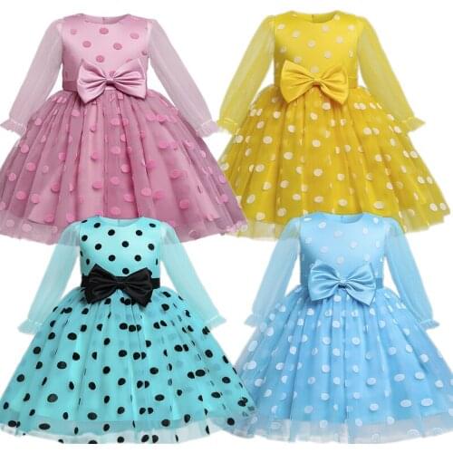 Lace Long Sleeve Snow White Princess For Girls Bow Tulle Tutu Dress Up For Children Polka Dot Birthday Party Ball Gown For Kids