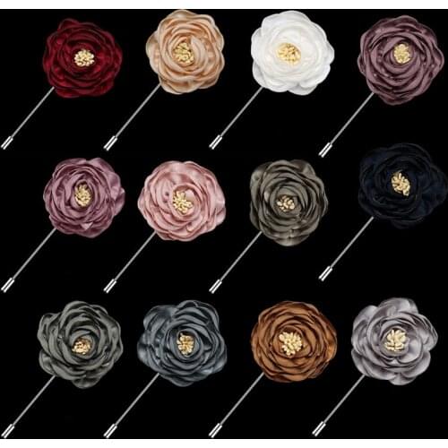Fashion Ribbon Solid Rose Flower Brooch Long Needle Lapel Pins Men Corsage Fabric Fluffy Flower Brooches Badge Accessories