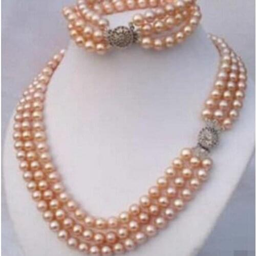 Fashion jewelry Free Shipping beautiful fashion 2015 new fashion 3 Rows 8mm Pink Shell Pearl Necklace Bracelet set