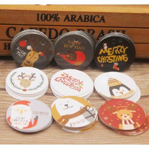 New 3*3cm circle shape 100pcs white /black /yellow christmas paper gift hang tag for christmas favors/baby toy display package