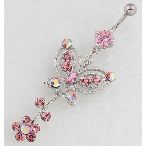 New Fashion Personality Sexy Pink Zircon Butterfly Tassels Belly Rings for Women Body Piecing Jewelry