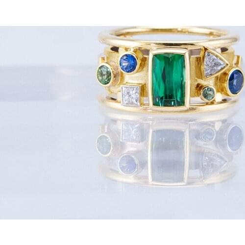 Charm Female Rainbow Crystal Stone Ring Promise Yellow Gold Color Engagement Rings For Women Vintage Small Square Wedding Ring