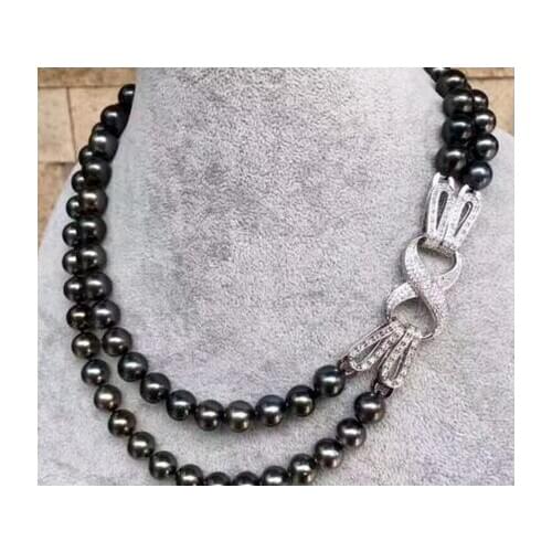 Noble jewelry double strands 9-10mm Freshwater black green pearl necklace 17.5-18.5inch