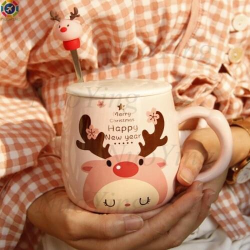 Cartoon Christmas Fawn Cup Ins Pink Girl Heart Ceramic Cup Couple Water Cup Coffee Cup With Lid Spoon Christmas Gift Decoration