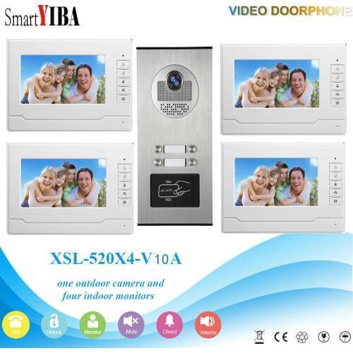 SmartYIBA RFID Access Control Camera Intercom Wired 7"Inch Monitor Video Intercom Door Phone Doorbell System For 4 Apartment