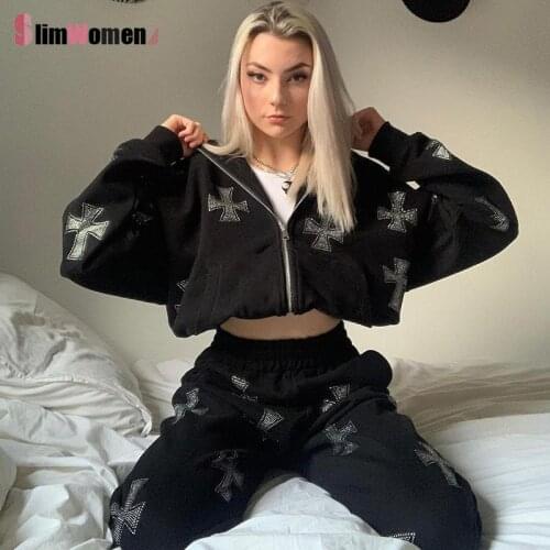 Rhinestone Gothic Streetwear Long Sleeve Black Zip Hoodie Y2k Hip Hop Joggers Sweatshirt Korean Fashion Punk Sport Coat Pullover