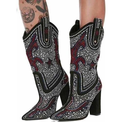 Bling Multi Crystal Drilled Pentagram Denim Boots Pointed Toe Chunky Heels Martin Boots Zapatos Full Rhinestone Knight Boots