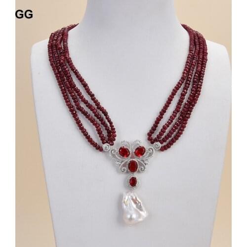 GuaiGuai Jewelry 19” 4 Strands Red Jade Gems Stone Necklace White Keshi Pearl CZ Pave Pendant