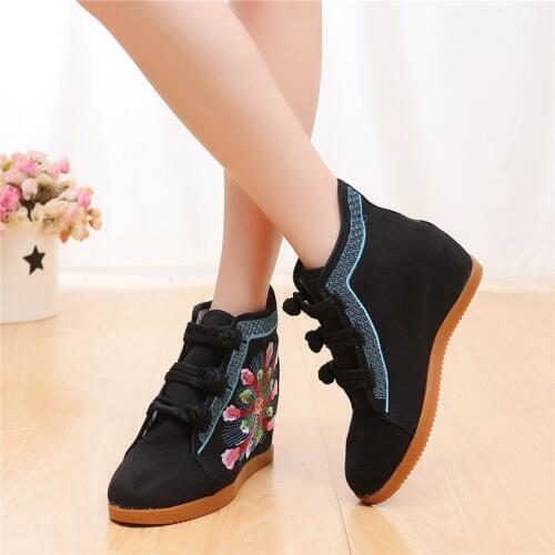 Size34-41 China Style Embroidered Hidden Wedge Shoes High Top Sneakers Women Canvas Shoes Rhinestone Sneaker Red White Sneakers