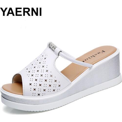 YAERNI 2018 women flip flops platform sandals Shoes ladies white high Heel Peep Toe sandals Shoes women Hollow Out shoes 922-1