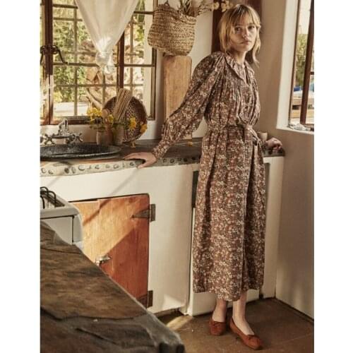 Women Dress 2021 Autumn Cotton Shirt Long Sleeve French Loose Puff Sleeve Printed High Waist Belt Midi Dress