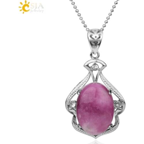 CSJA Pink Cabochon Bead Pendant Necklace Oval Natural Stone Zircon CZ Hollow Base Fashion Pendants for Female Jewelry Party G264