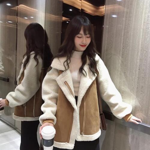 Women Teddy coat loose lamb Wool hair thick outerwear winter warm Faux Suede Fur Collar Coats Aviator Motorcycle female jacket