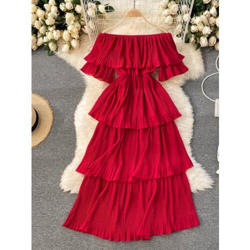 2021 Spring Seaside Vacation Temperament Vestidos Feminine One-neck Short-sleeved Slim Slimming Cake Midi Dress C537