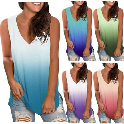 Hot Sale Womens Fashion V-neck Vest Gradual Printed Loose Casual Top Simple High Quality Comfy Sexy New Vest Майка Женская 2021