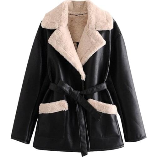 Winter Womens Jacket With Fur Faux Leather Coat Female Thick Warm Jackets Vintage Tie Belt Outerwear Chic Top PU Leather Jacket