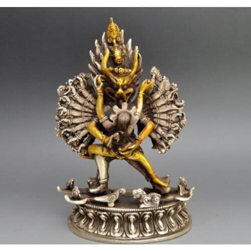 18 cm * / Collectible Old Handwork Tibetan Silver Carved Yamantaka Buddha Statue