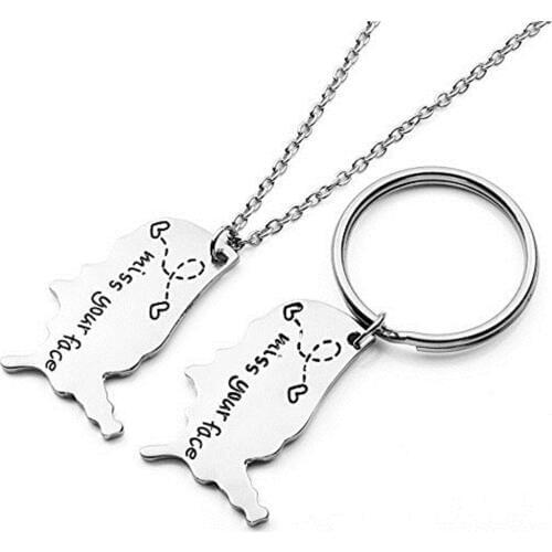 2Pcs/set Miss Your Face America Map Keychain And Necklace Set Long Distance Relationships Gifts For Her Or Him
