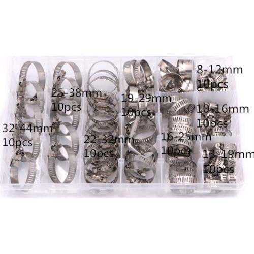 80PCS/Box 100pcs Multi Size 8mm-44mm Stainless Steel Hoop Clamp Hose Clamp Stainless Steel Set automotive pipes clip Fixed tool