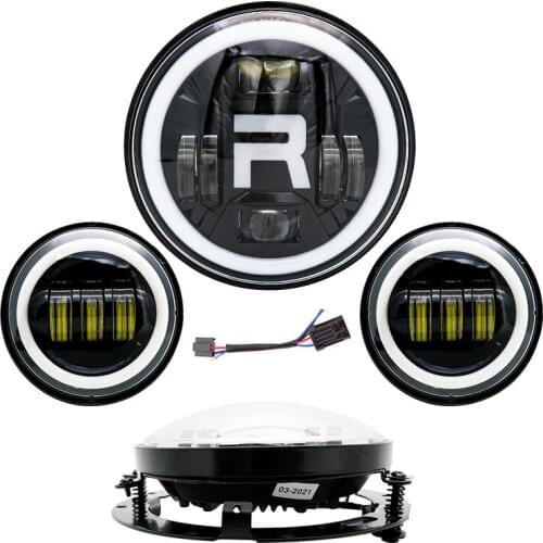 Black Motorcycle 7 inch Moto LED Headlight for Motorbike with 4-1/2"4.5" LED Passing Lamps Fog Lights & 7" Bracket Mounting Ring