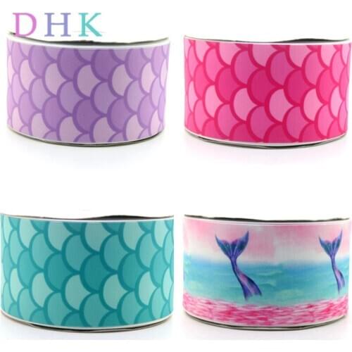 DHK 3'' 50yards fish scale mermaid printed grosgrain Ribbon Accessory hairbow headwear decoration Wholesale OEM 75mm S923